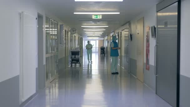 Nemocniční koridor s jeden lékař stojící a jeden lékař, chodit po ní — Stock video