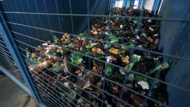Sok műanyag palackok, tartályban, közelről. — Stock videók