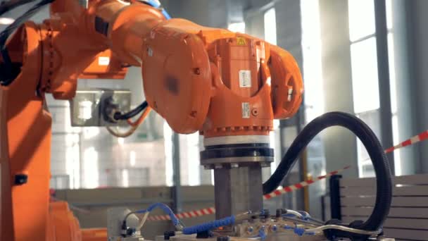 Lo speciale braccio robotico utilizza ventose per trascinare grandi pannelli in una fabbrica . — Video Stock