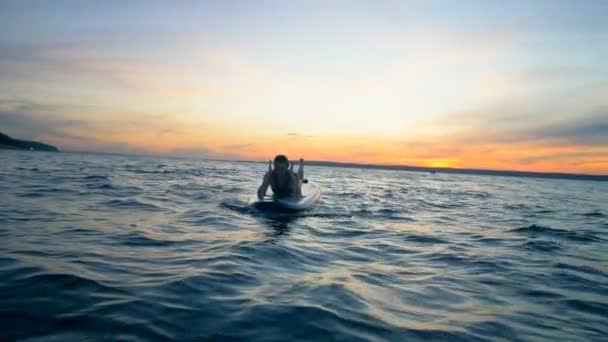 Concept van de vrijheid. Jonge aantrekkelijke vrouw ligt op een paddleboard in het open water tijdens zonsondergang — Stockvideo