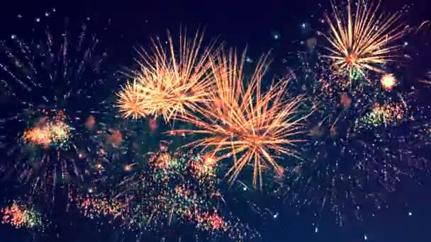 Flashes brilhantes de fogos de artifício multicoloridos no céu escuro — Vídeo de Stock