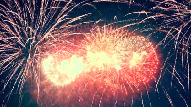 Ночное небо наполнено яркими фейерверками — стоковое видео
