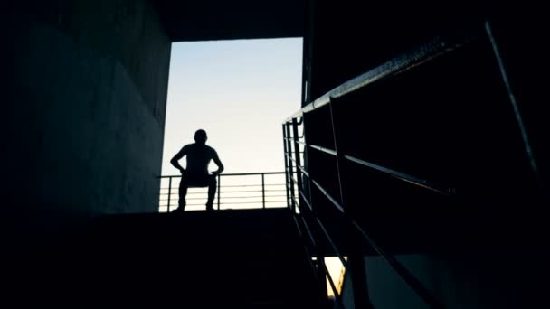 Hombre Salta Sobre Una Tabla Haciendo Trucos Levanta Los Brazos — Vídeos de Stock