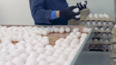 Kişi üniformalı paketleri yumurta, yakın çekim.