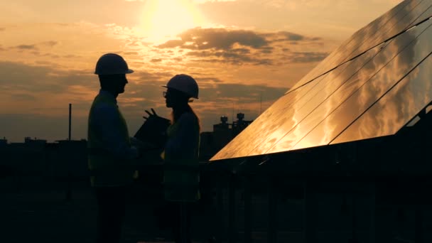 Professionele ingenieurs praten op een zonsondergang achtergrond. — Stockvideo