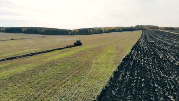 Traktor pflügt Erde um. Ansicht von oben. — Stockvideo