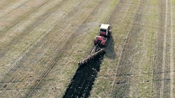 Воздушный обзор современного трактора, вспахивающего сухое поле . — стоковое видео