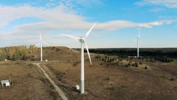 Wind farm drone view. High wind turbines working, close up. — Stock Video