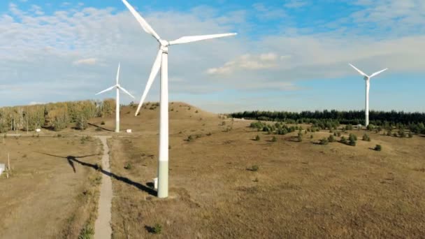 Bir orman arka planda çalışan rüzgar türbinleri. Rüzgar enerjisi türbinleri, kuş bakışı manzaralar. — Stok video