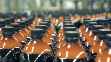 Birçok plastik şişe konveyör fabrikasında devam.