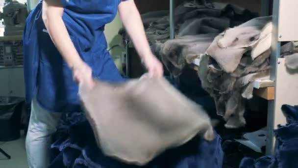 En arbetande ersätter djur huden vid en fabrik. — Stockvideo
