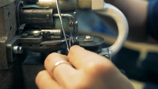 Γυναίκα Ράφτη ράβει δέρματα σε ειδική μηχανή, εσωτερικη. — Αρχείο Βίντεο