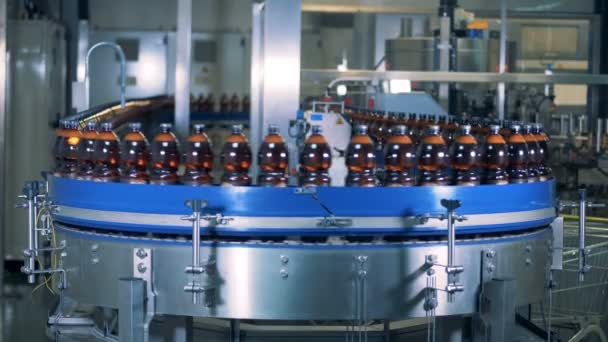 Masivní průmyslová dopravní pás s několika pivních lahví pohybující se podél ní — Stock video