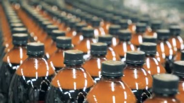 Bir satıra satır plastik şişe, yakın çekim.