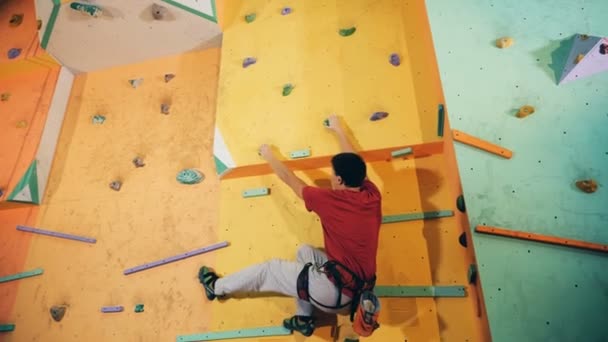 A man falls from a climbing wall, close up. — Stock Video
