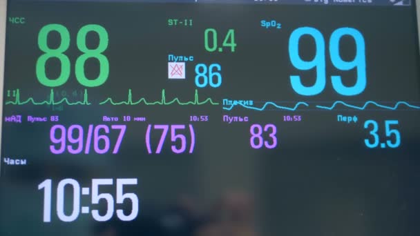 Nahaufnahme verschiedener Zahlen und Indizes auf einem medizinischen Bildschirm. ecg-Monitor. — Stockvideo