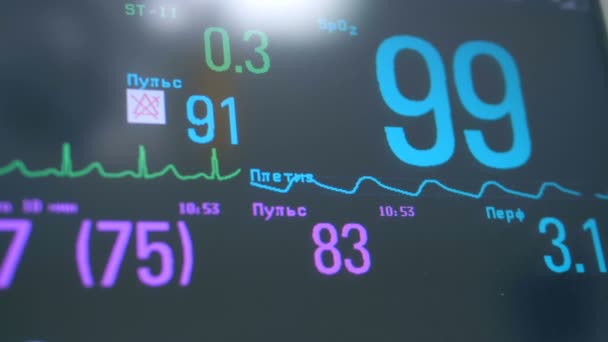 Close-up de pulso e taxa de oxigênio exibidos em uma tela médica — Vídeo de Stock