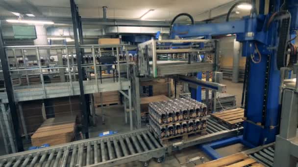 La máquina de fábrica mueve botellas empaquetadas, de cerca . — Vídeos de Stock