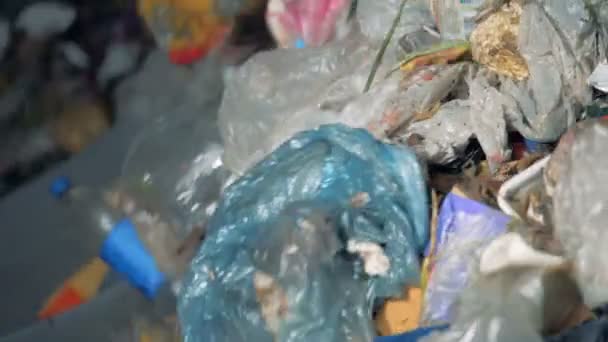 Třídění odpadků se pohybuje ve speciálním stroji pro recyklaci. 4k. — Stock video