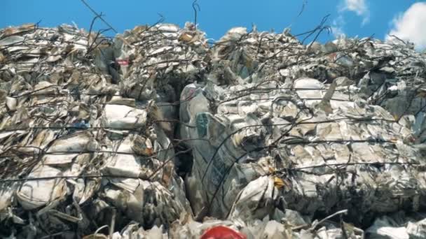 Bouteilles empilées dans une décharge, vue du bas . — Video