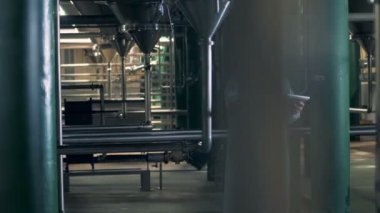 Bira fabrikası tesis içinde duran ve bir bilgisayar işletim erkek işçi ile
