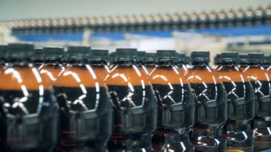 Bir satır plastik bira şişe sıvı Konveyör taşıma ile dolu