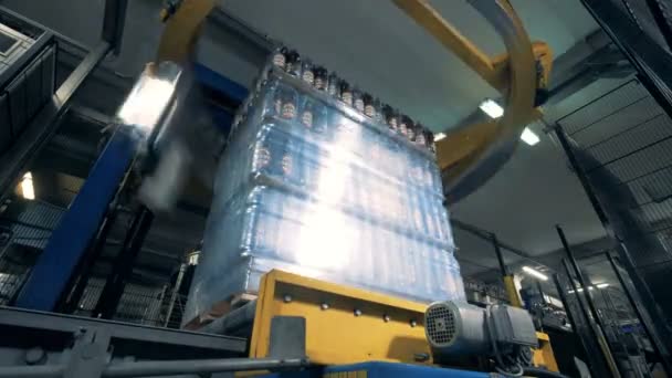 Mecanismo industrial redondo está envolvendo blocos de garrafas de cerveja em polietileno — Vídeo de Stock