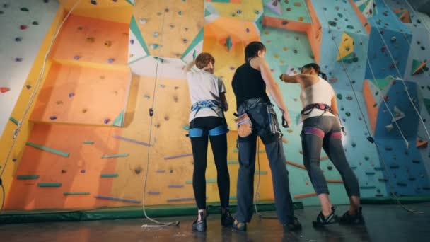 Дві дівчини і хлопець обговорюють маршрут сходження, стоячи поруч з валунною стіною — стокове відео