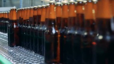 Kahverengi camsı şişe bira taşıyıcı kemer hareket dolu yakın çekim
