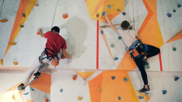 A guy and a girl are high-fiving each other while climbing session — Stock Video