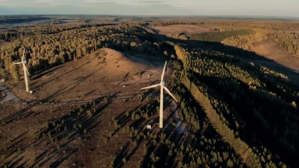 Diverse turbine eoliche che lavorano su un campo, vista dall'alto . — Video Stock