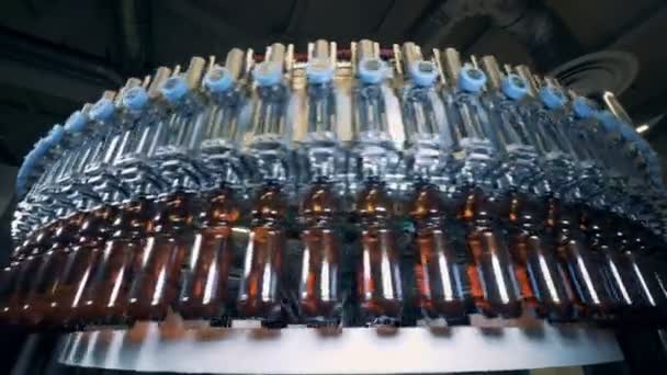 Dunkle Plastikflaschen, die auf einer Brauereimaschine rotieren, aus nächster Nähe. — Stockvideo
