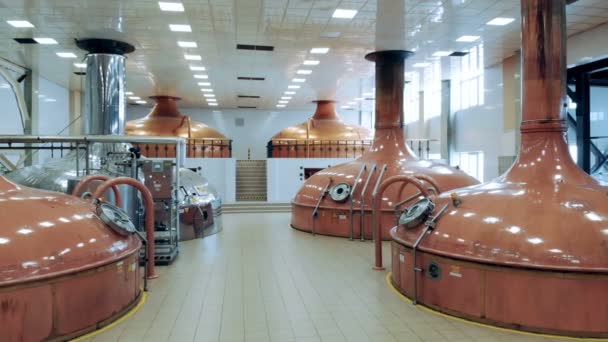 Brewery hall with copper tanks in it — Stock Video