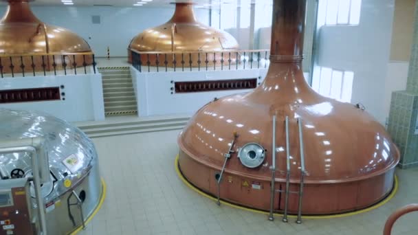Ouderwetse koperen reservoirs geïnstalleerd in een brouwerij — Stockvideo