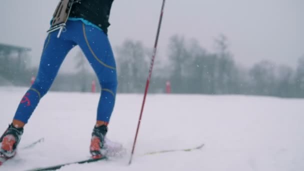 Terreno Nevado Com Uma Atleta Esqui — Vídeo de Stock