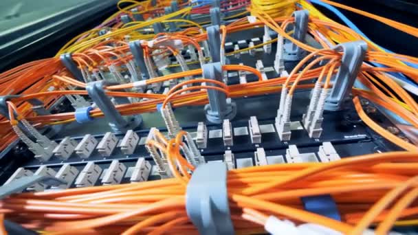 Ranuras de servidores con cables naranja conectados a ellos — Vídeos de Stock