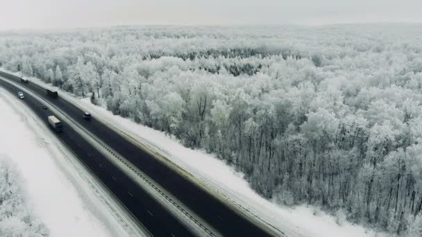 Biler som kjører i trafikk på snødekt vei under snøstorm om vinteren – stockvideo