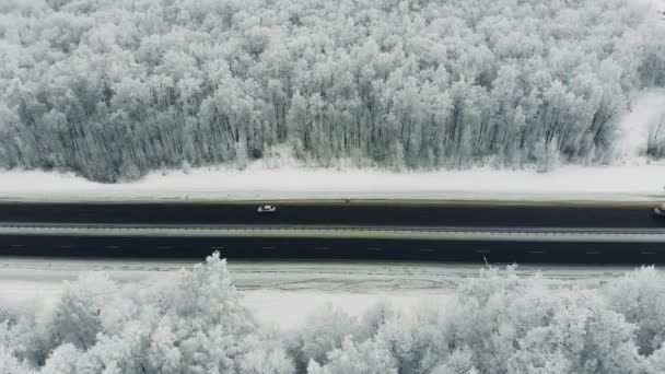 Шоссе в зимний холодный снежный день. Автомобили, движущиеся в движении по заснеженной дороге — стоковое видео