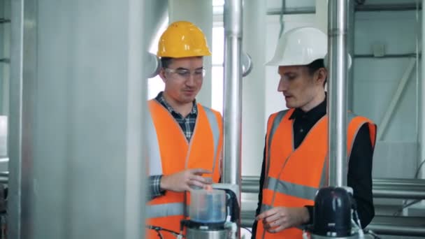 As pessoas falam enquanto estão em uma fábrica de cerveja, de perto . — Vídeo de Stock