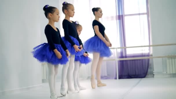 Les jeunes filles étirent les pieds après leur instructeur dame — Video