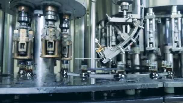 Botellas con líquido se están cubriendo con tapas por la máquina de fábrica — Vídeos de Stock