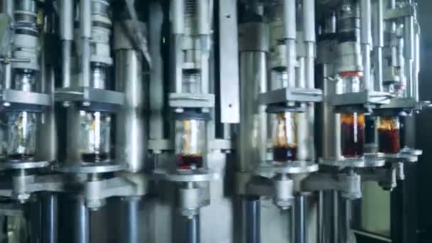 Roterende industriële machine glazen flessen vullen met drank — Stockvideo