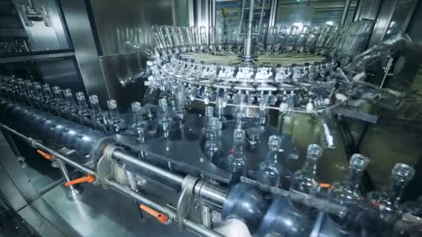 Distilleria con attrezzature di trasporto e bottiglie di vetro che si muovono lungo di essa — Video Stock