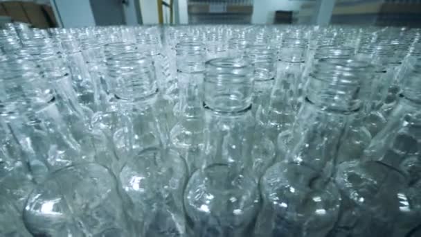 Un montón de botellas de vidrio sin llenar en una fábrica — Vídeos de Stock