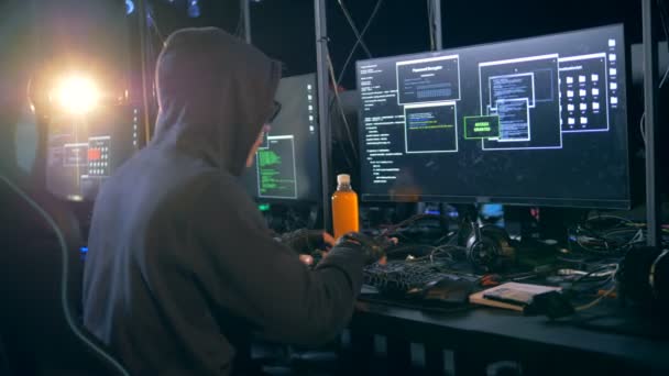 Πίσω προβολή ενός άνδρα σε ένα hoodie στη διαδικασία του hacking — Αρχείο Βίντεο