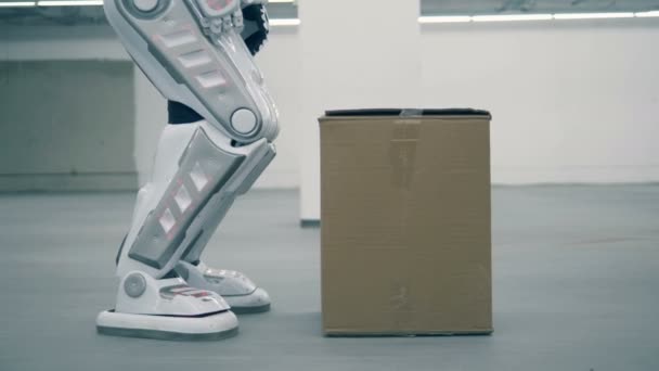 Robot humano está levantando una caja y llevándola — Vídeo de stock