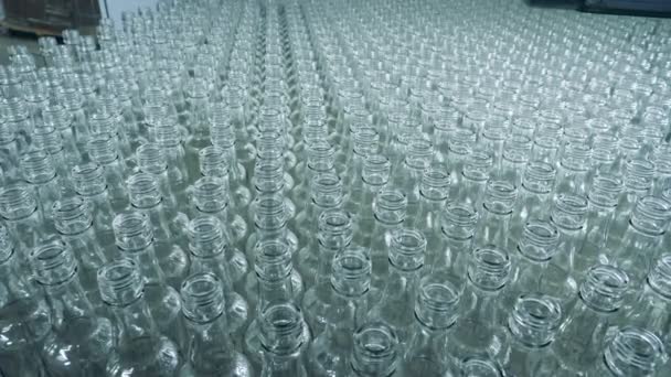 Un montón de botellas limpias van en una línea de fábrica, de cerca . — Vídeos de Stock