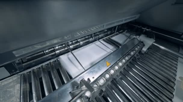 Industrial machine is releasing paper onto the moving conveyor — Stock Video
