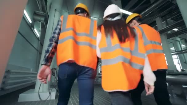 Trabalhadores da cervejaria andando em uma sala de instalações, vista traseira . — Vídeo de Stock