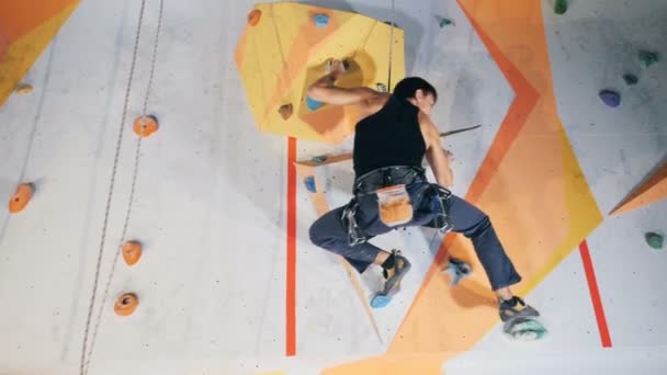 Sportsman climbing on a high wall, close up. — Stock Video